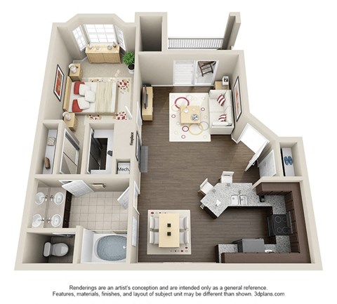 a stylized floor plan with a bedroom and a living room